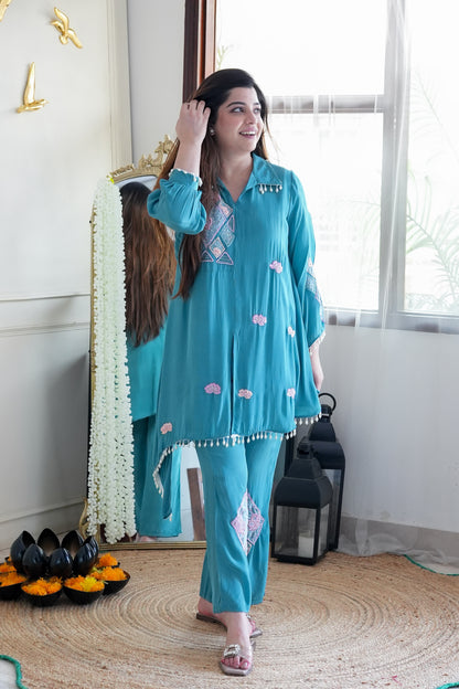 Sarya Blue Embroidered Cord Set