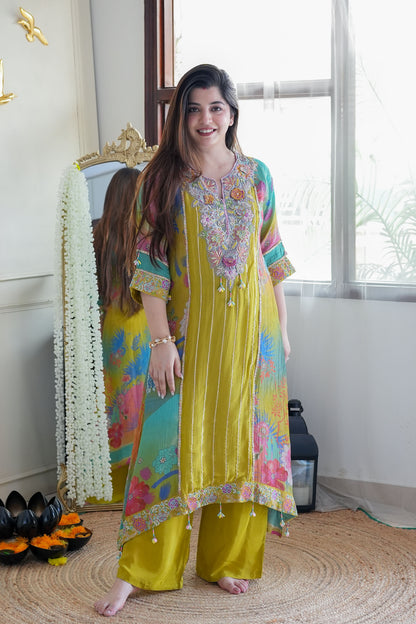 Fiza Luxe Yellow Embroidered Plazo Set