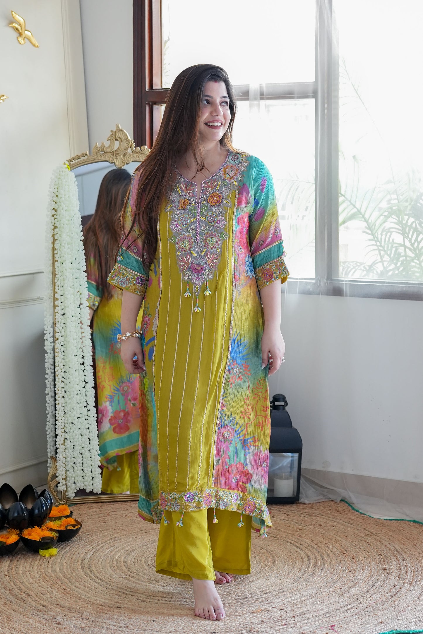 Fiza Luxe Yellow Embroidered Plazo Set