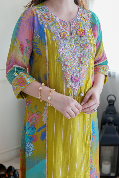 Fiza Luxe Yellow Embroidered Plazo Set