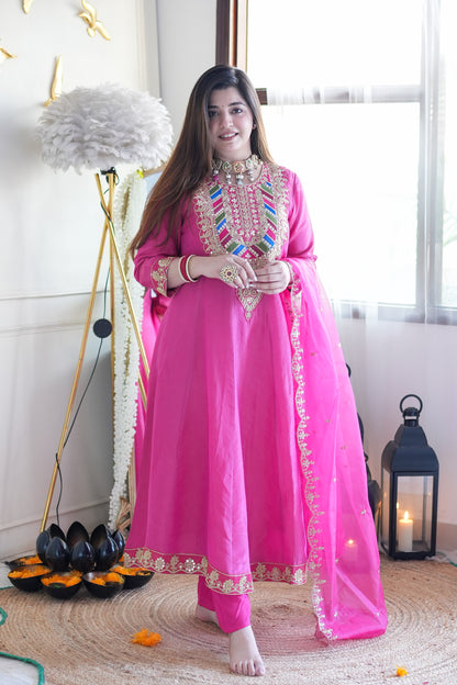 Gaura Pink Embroidered Anarkali Suit Set