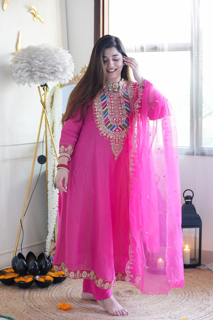 Gaura Pink Embroidered Anarkali Suit Set