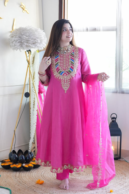 Gaura Pink Embroidered Anarkali Suit Set