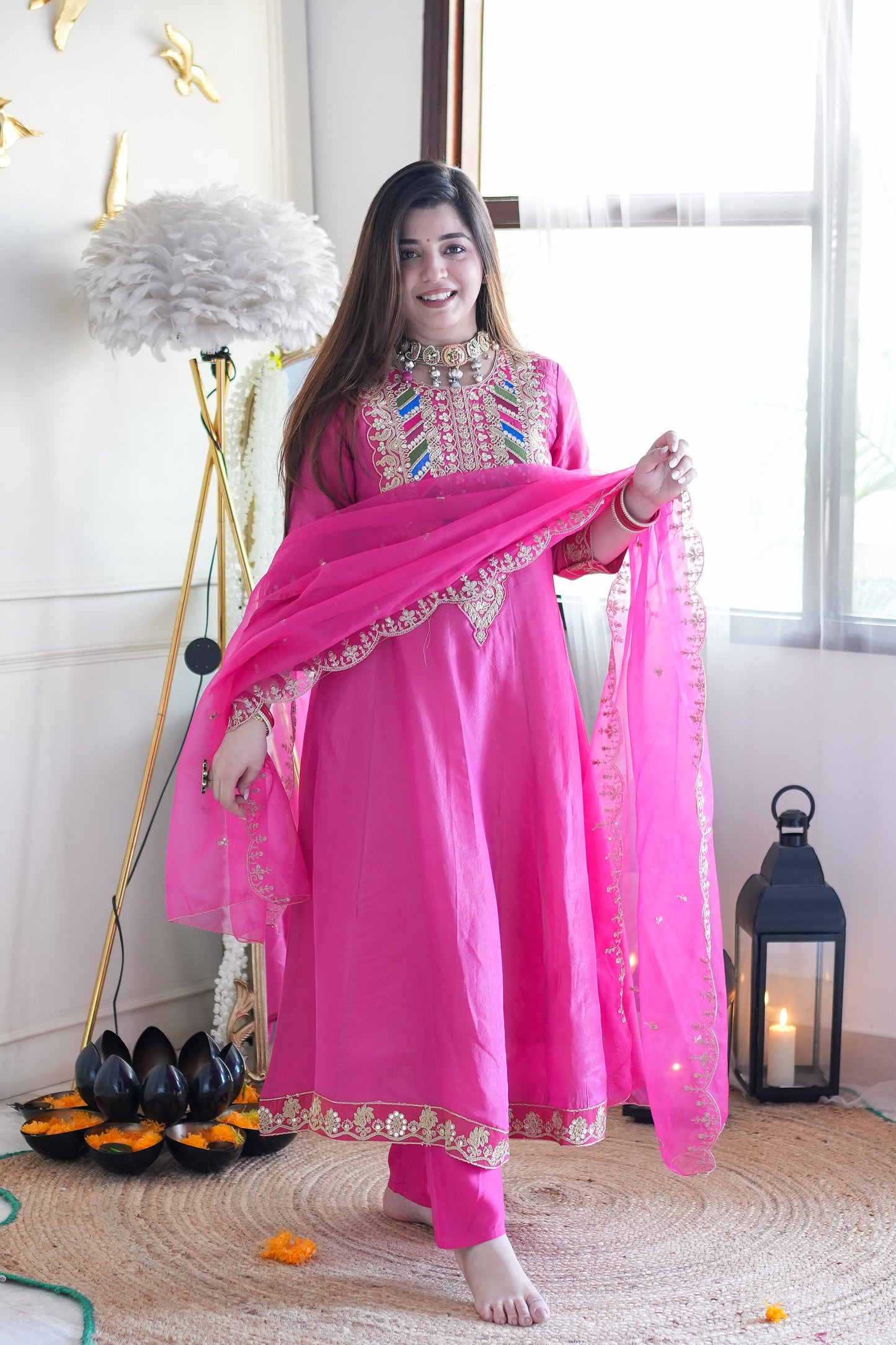 Gaura Pink Embroidered Anarkali Suit Set