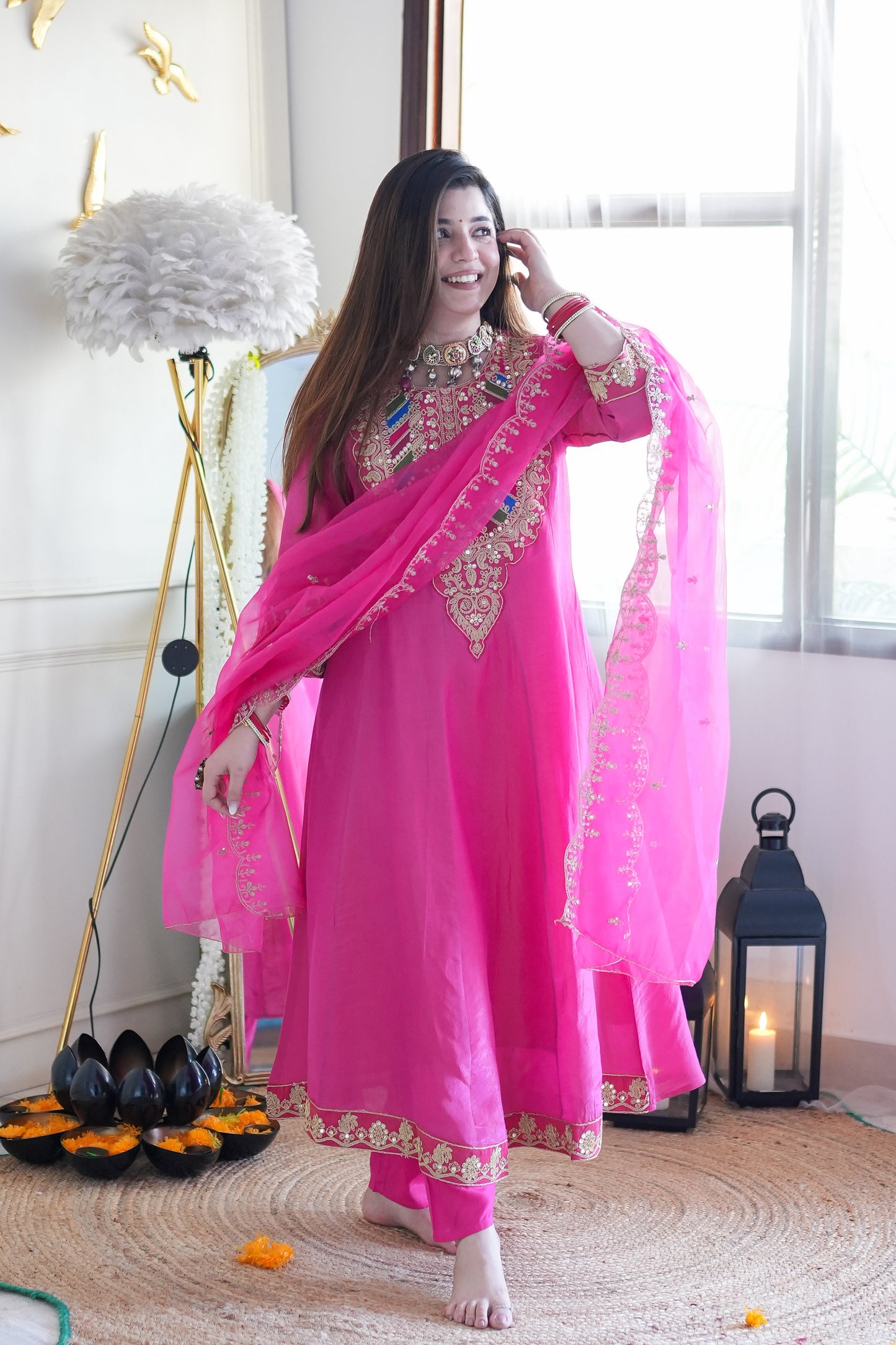 Gaura Pink Embroidered Anarkali Suit Set