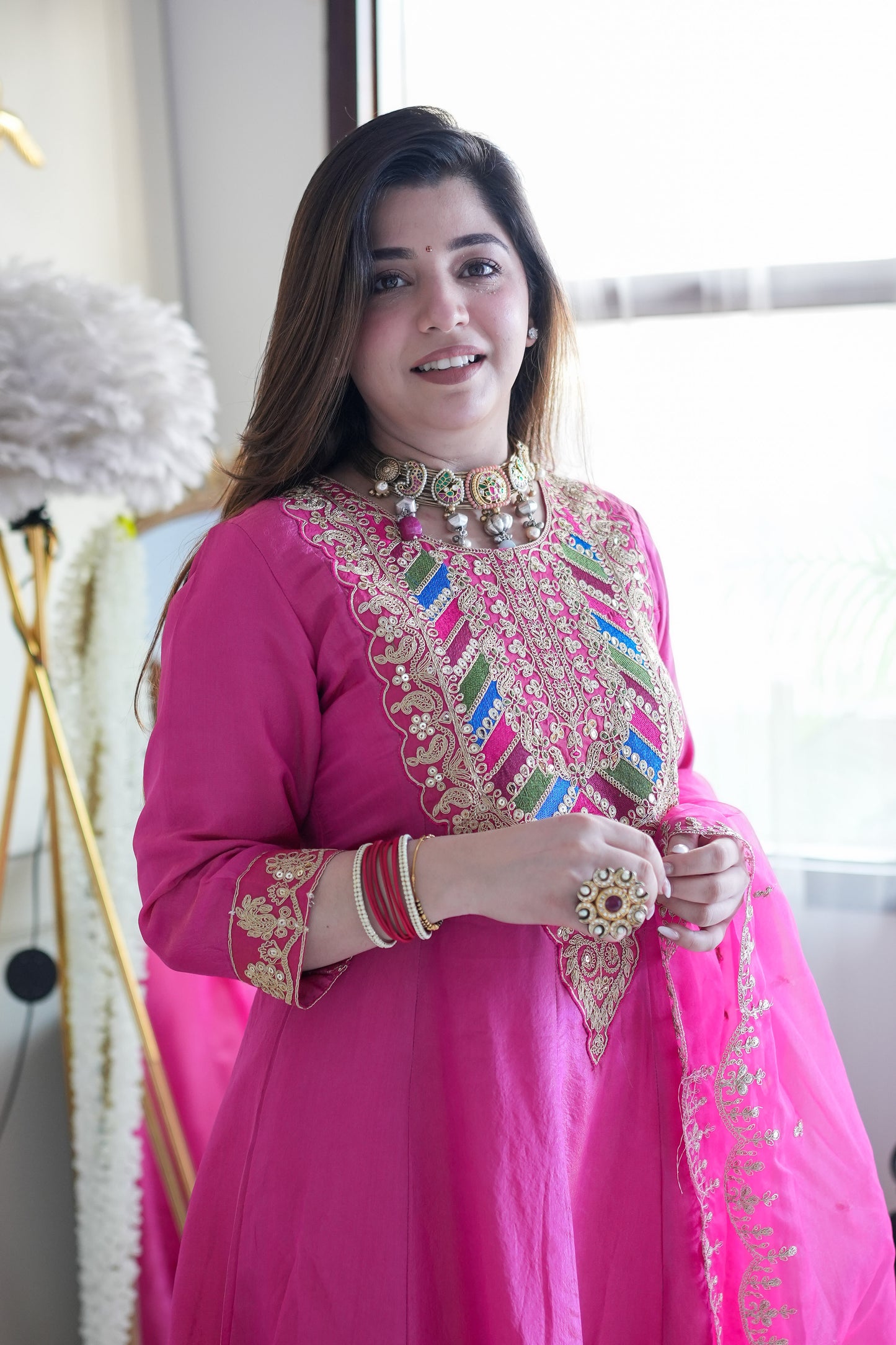 Gaura Pink Embroidered Anarkali Suit Set