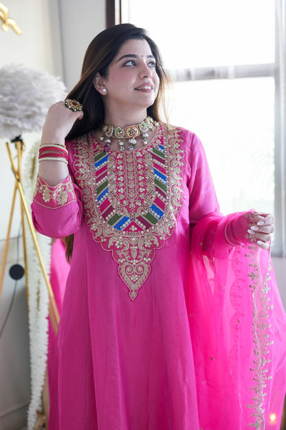 Gaura Pink Embroidered Anarkali Suit Set