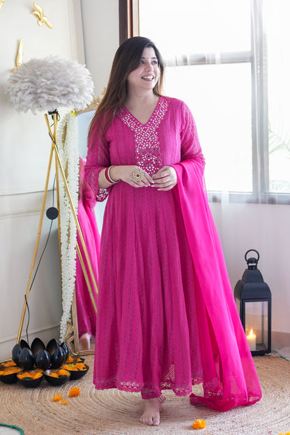 Neyah Hot Pink Cutwork Anarkali Suit