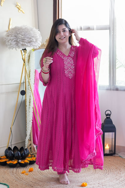 Neyah Hot Pink Cutwork Anarkali Suit