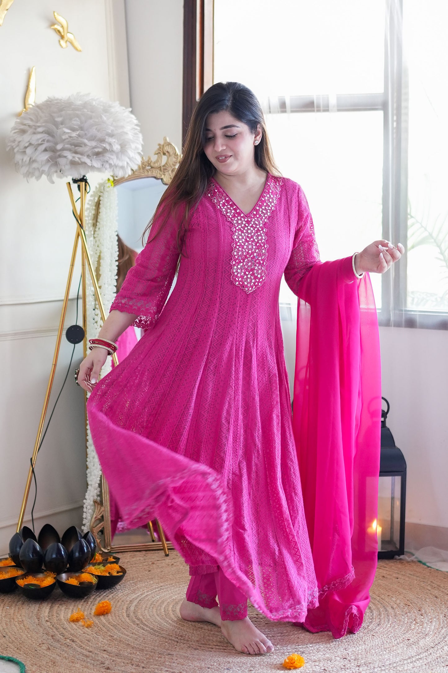 Neyah Hot Pink Cutwork Anarkali Suit