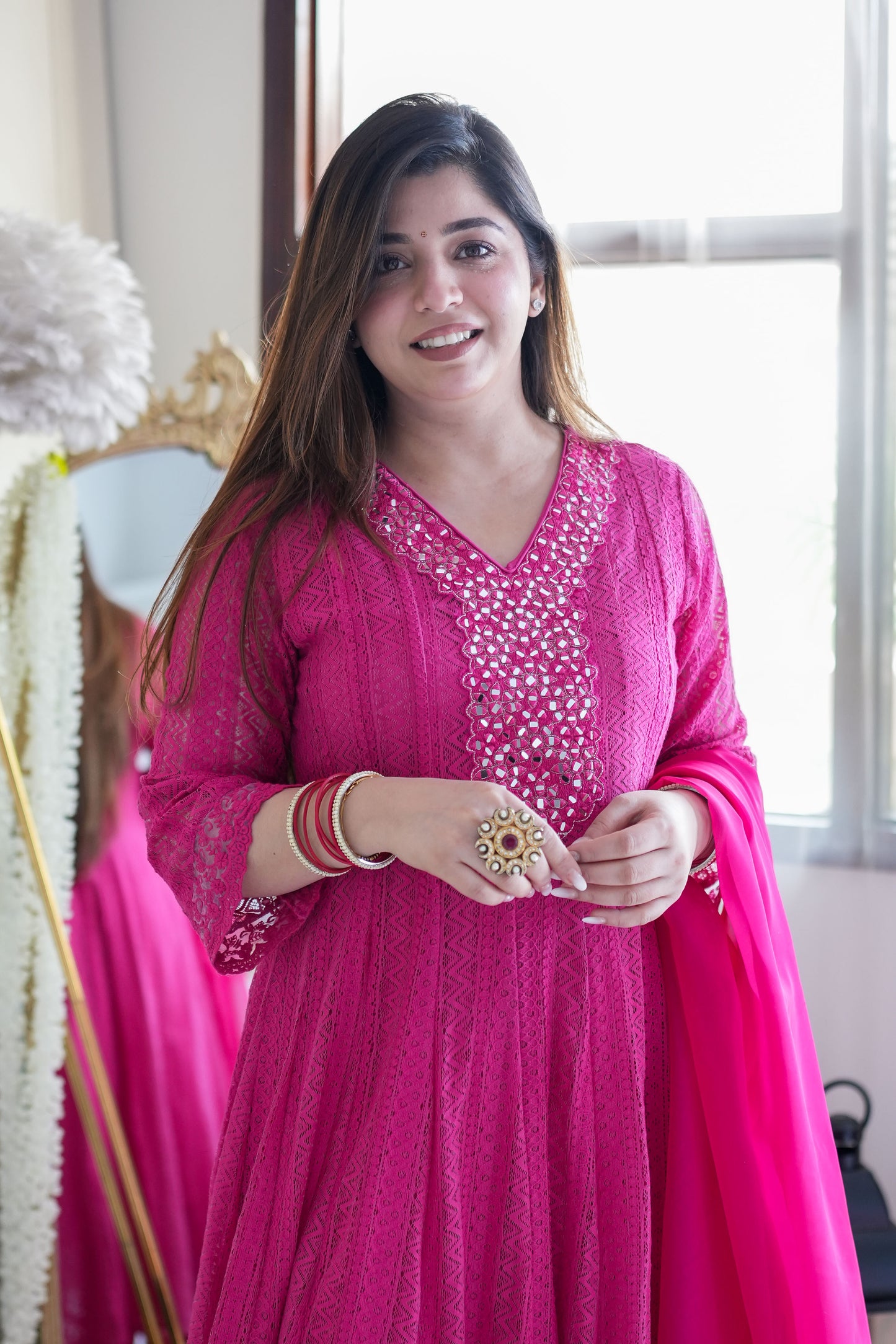 Neyah Hot Pink Cutwork Anarkali Suit