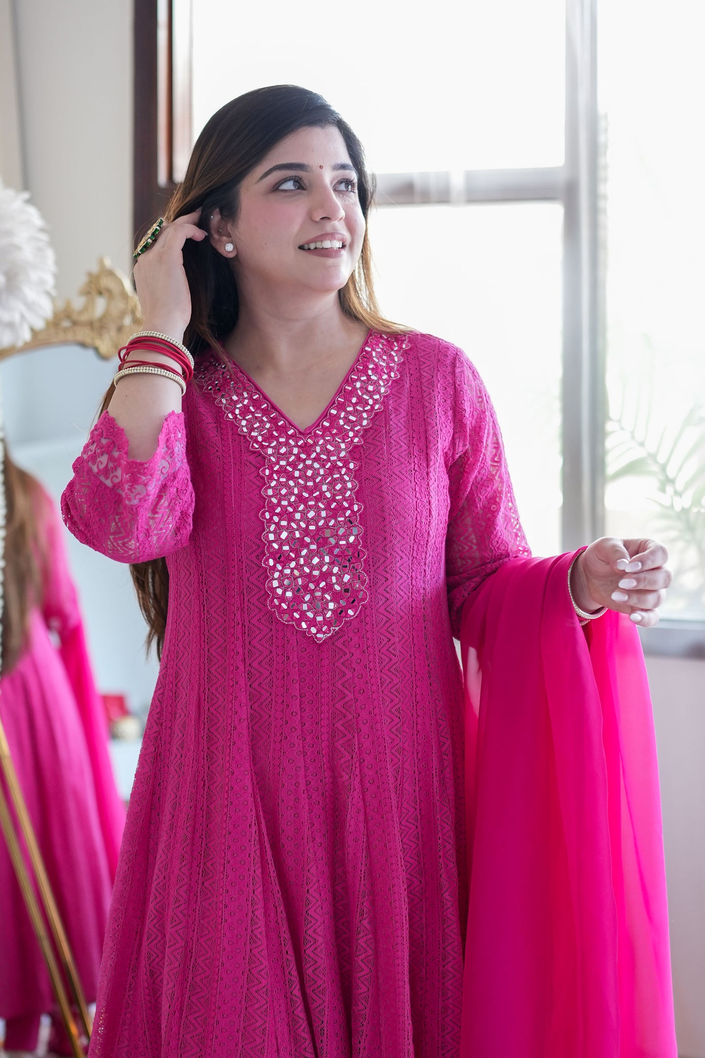 Neyah Hot Pink Cutwork Anarkali Suit