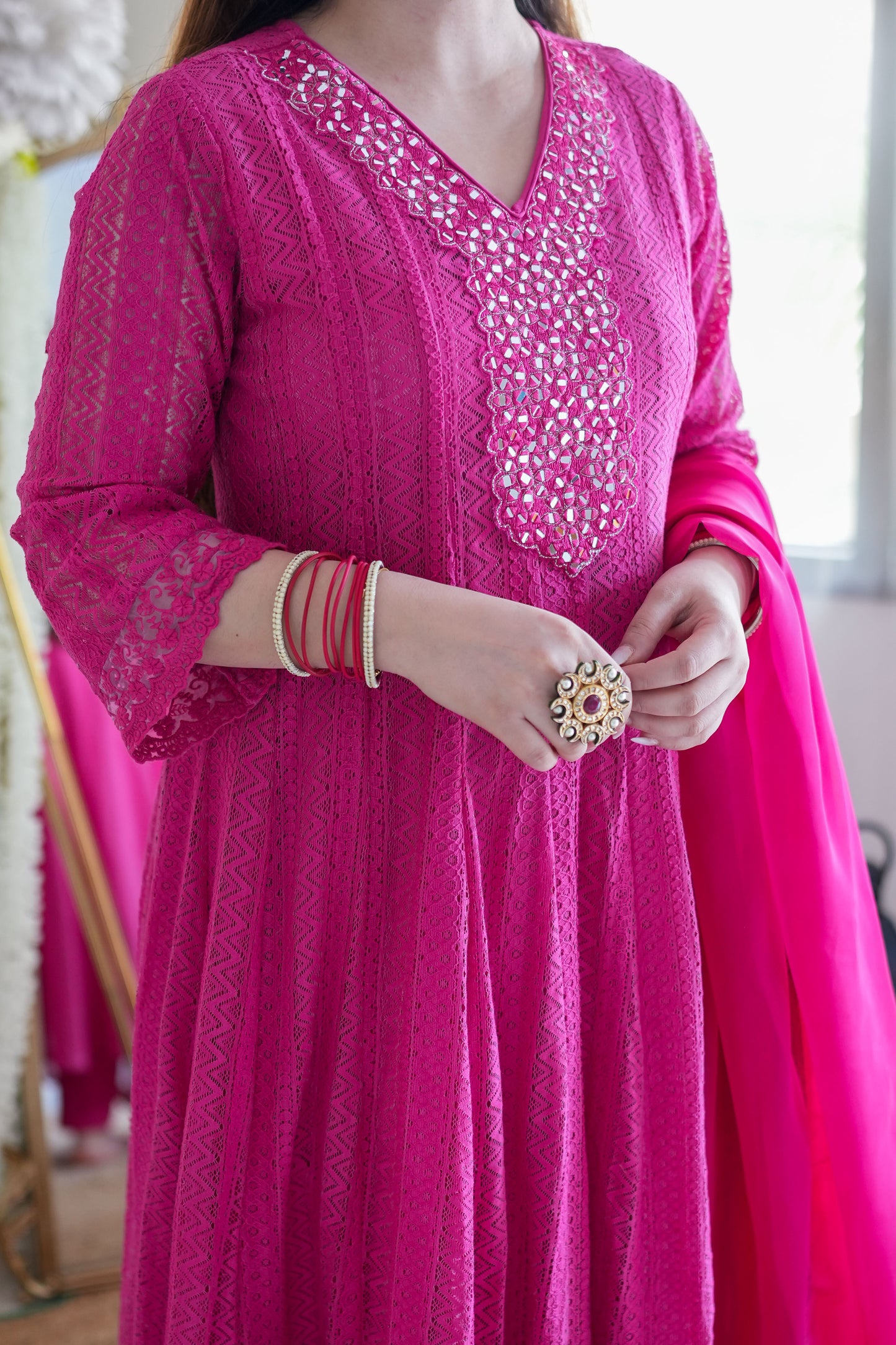 Neyah Hot Pink Cutwork Anarkali Suit