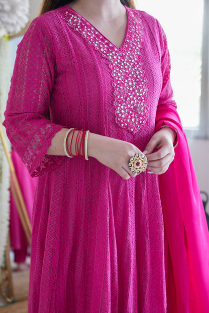 Neyah Hot Pink Cutwork Anarkali Suit