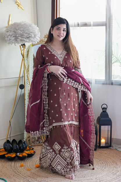 Beena Wine Embroidered Suit Set