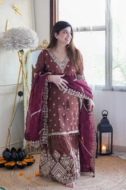 Beena Wine Embroidered Suit Set