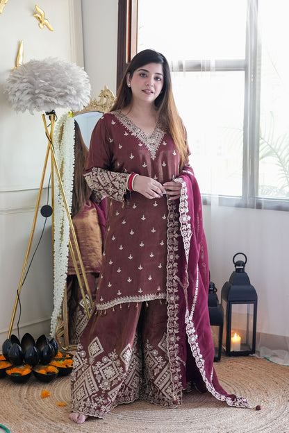 Beena Wine Embroidered Suit Set