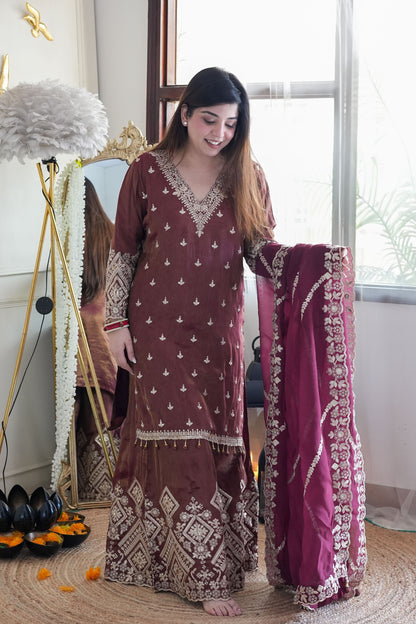 Beena Wine Embroidered Suit Set