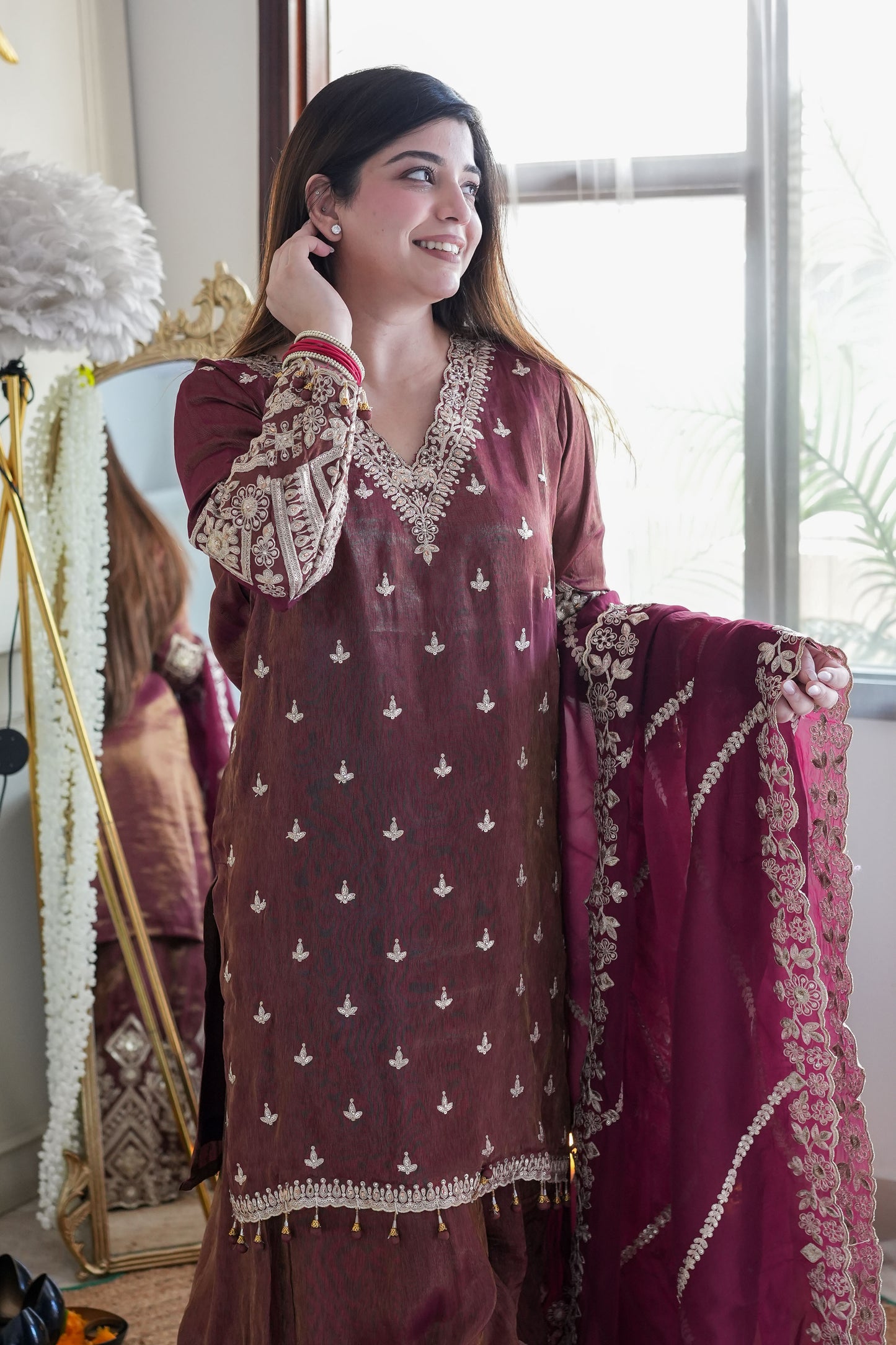 Beena Wine Embroidered Suit Set