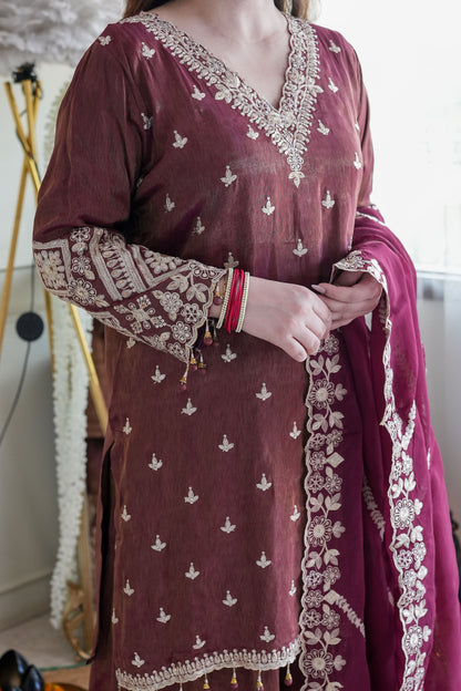 Beena Wine Embroidered Suit Set