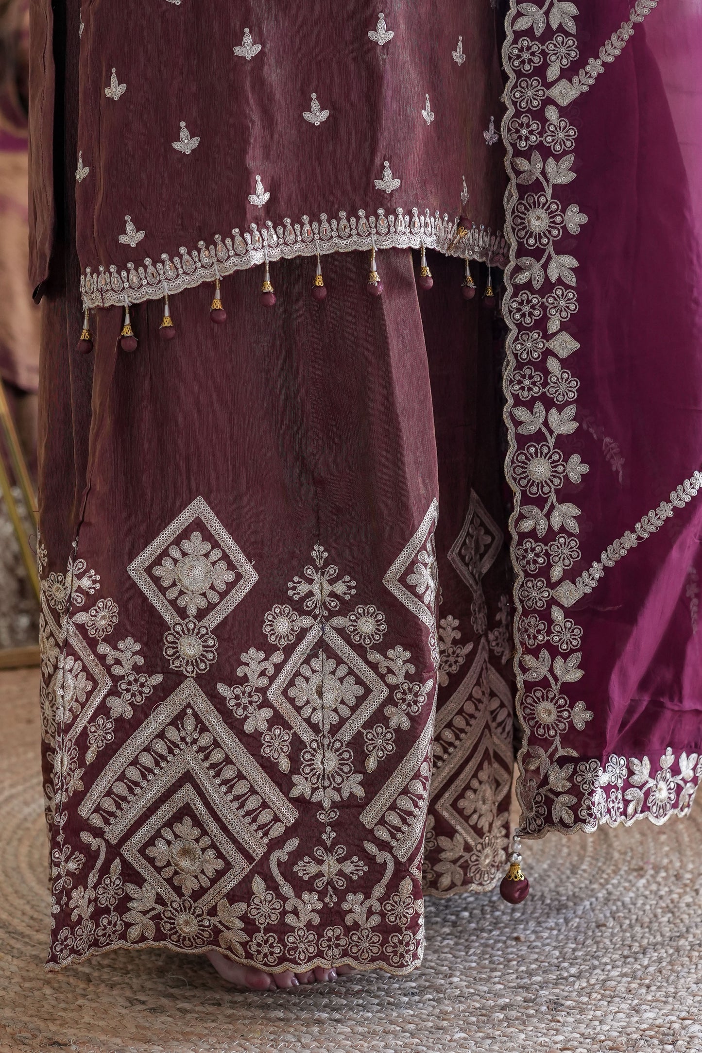 Beena Wine Embroidered Suit Set