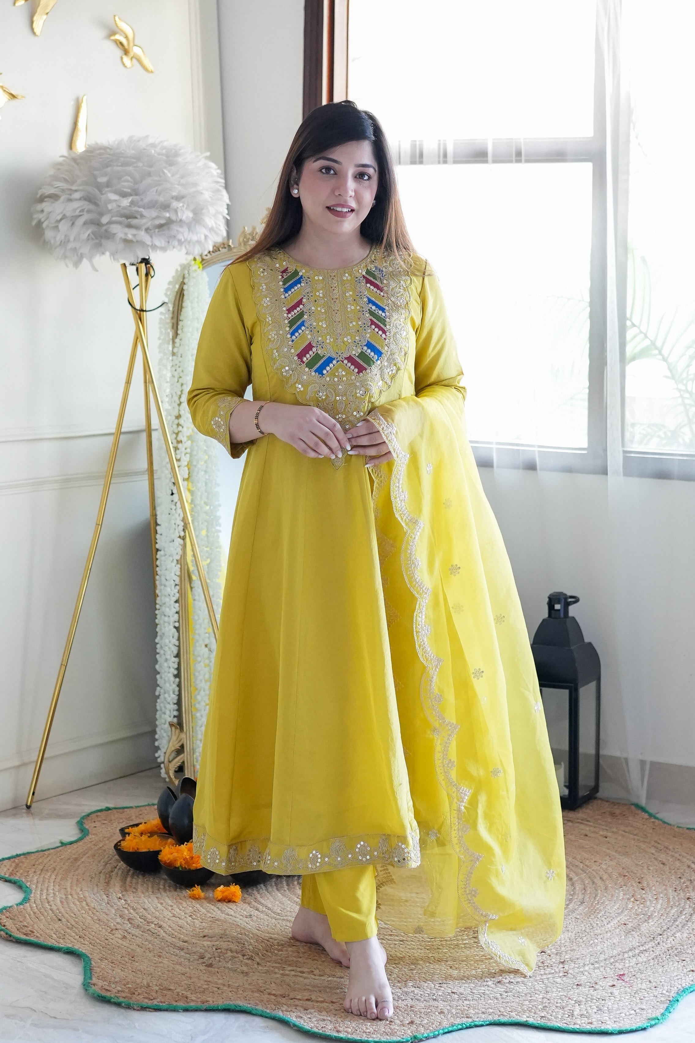 Gaura Yellow Embroidered Anarkali Suit Set