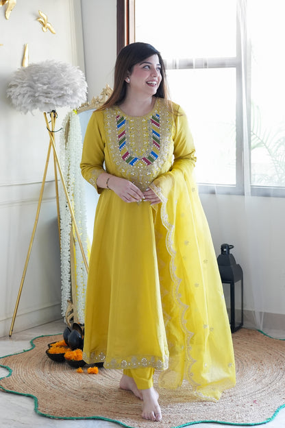 Gaura Yellow Embroidered Anarkali Suit Set