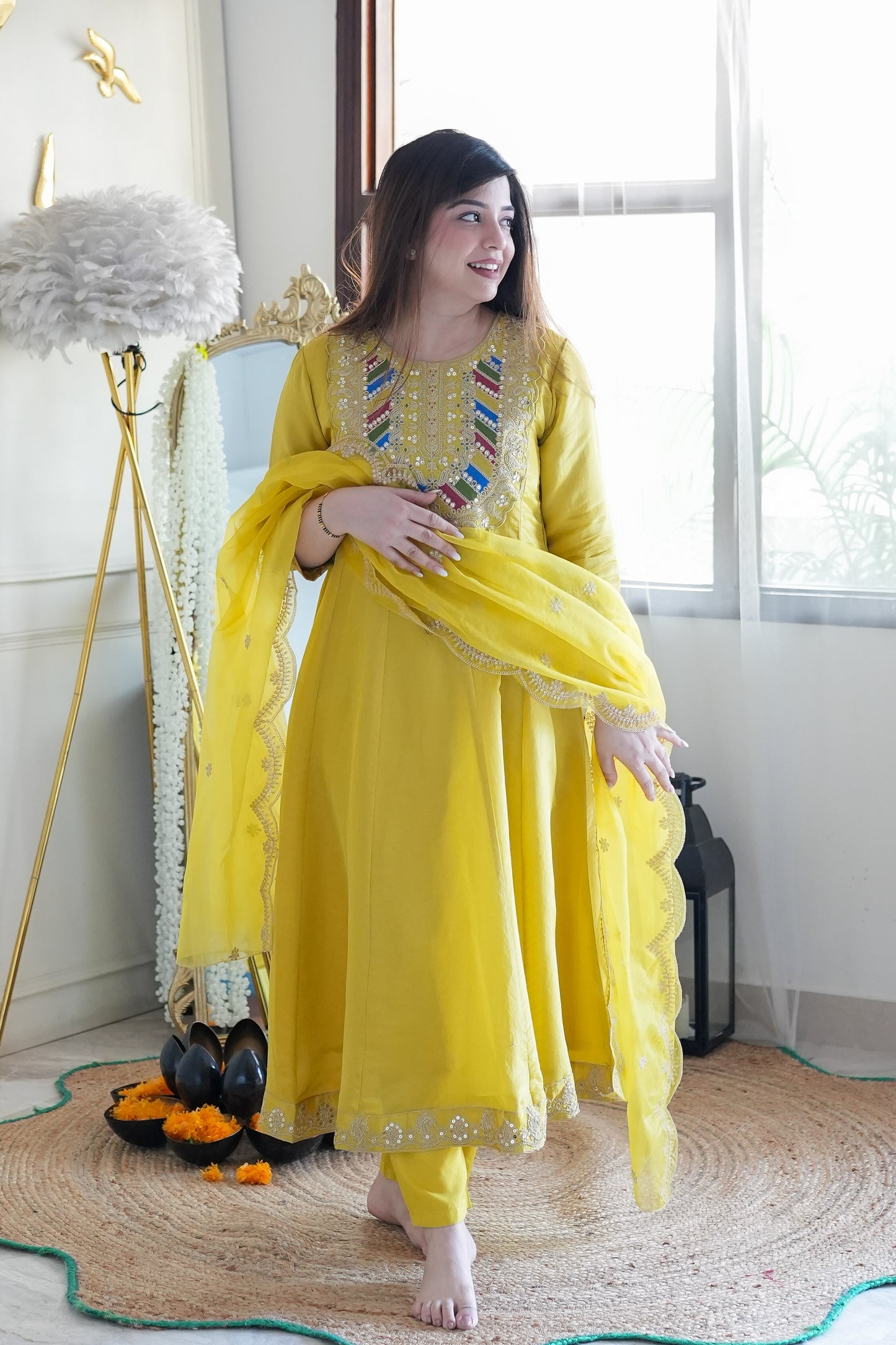 Gaura Yellow Embroidered Anarkali Suit Set