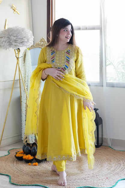 Gaura Yellow Embroidered Anarkali Suit Set