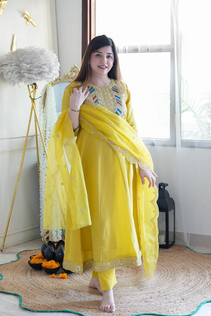 Gaura Yellow Embroidered Anarkali Suit Set