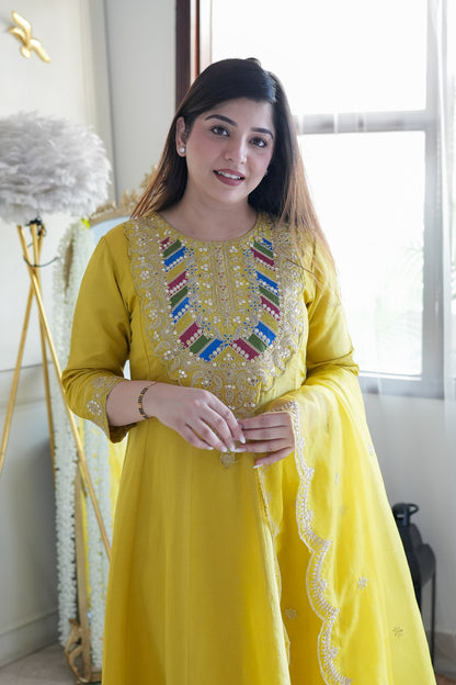 Gaura Yellow Embroidered Anarkali Suit Set