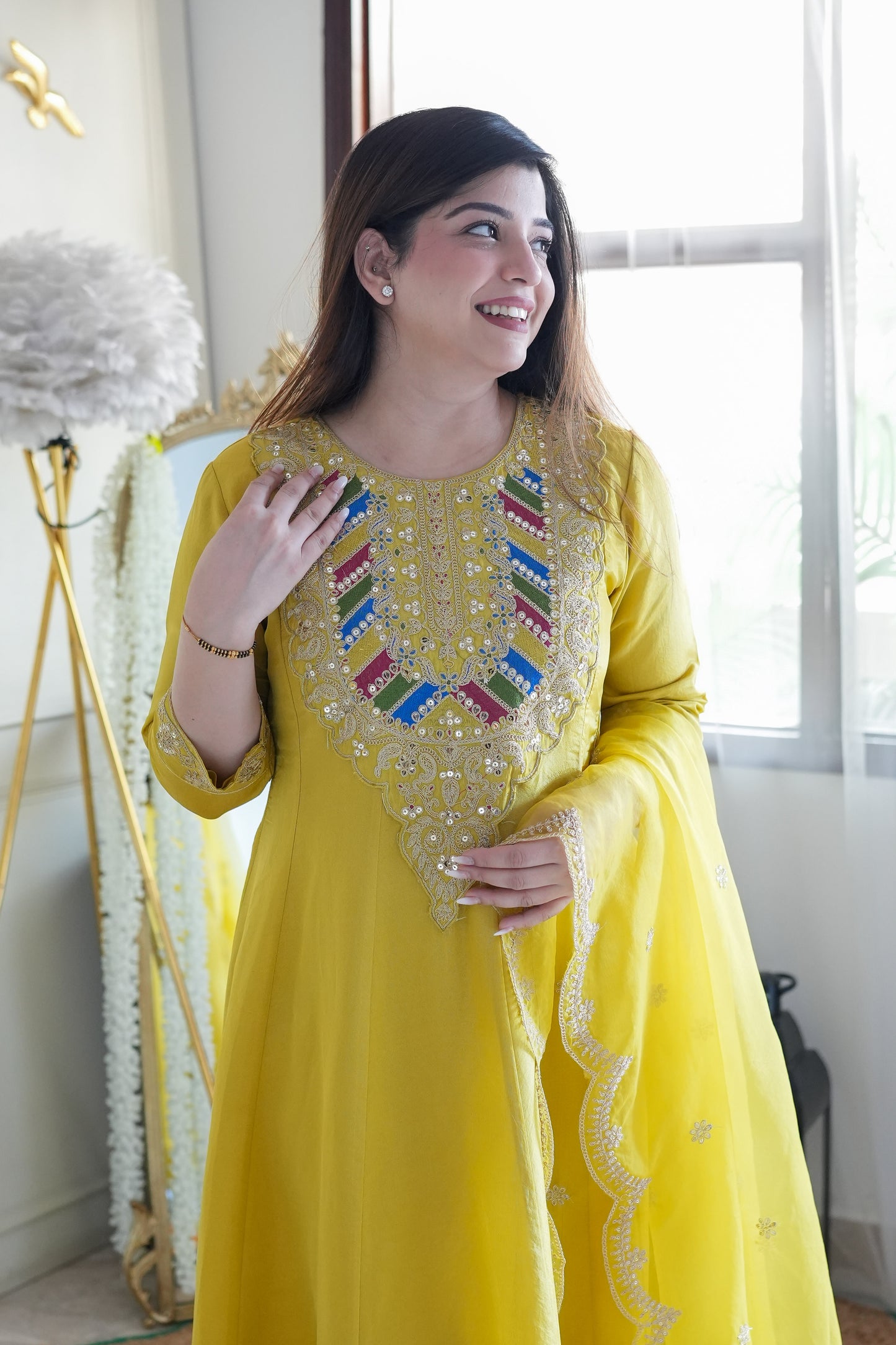 Gaura Yellow Embroidered Anarkali Suit Set