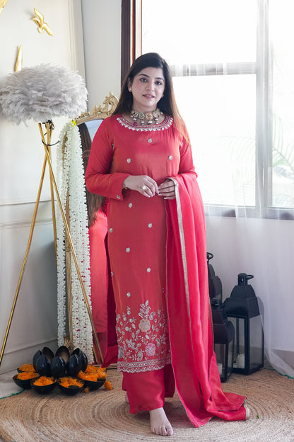 Reena Red Shimmer Tissue Embroidered Suit Set