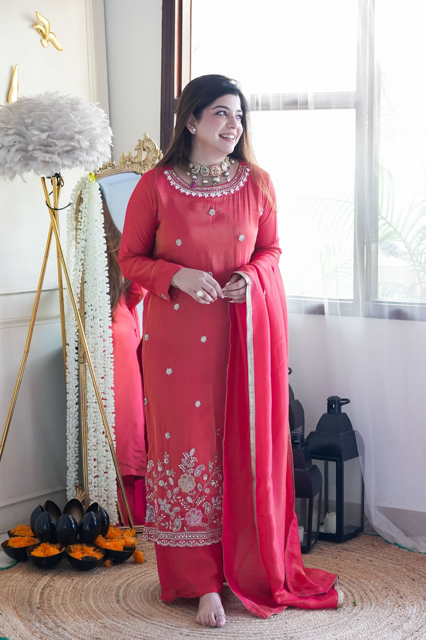 Reena Red Shimmer Tissue Embroidered Suit Set