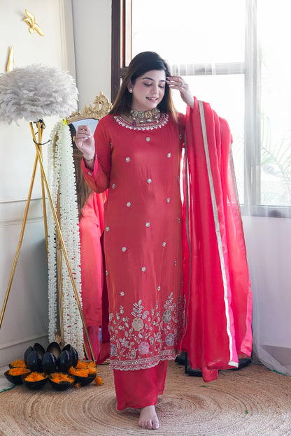 Reena Red Shimmer Tissue Embroidered Suit Set