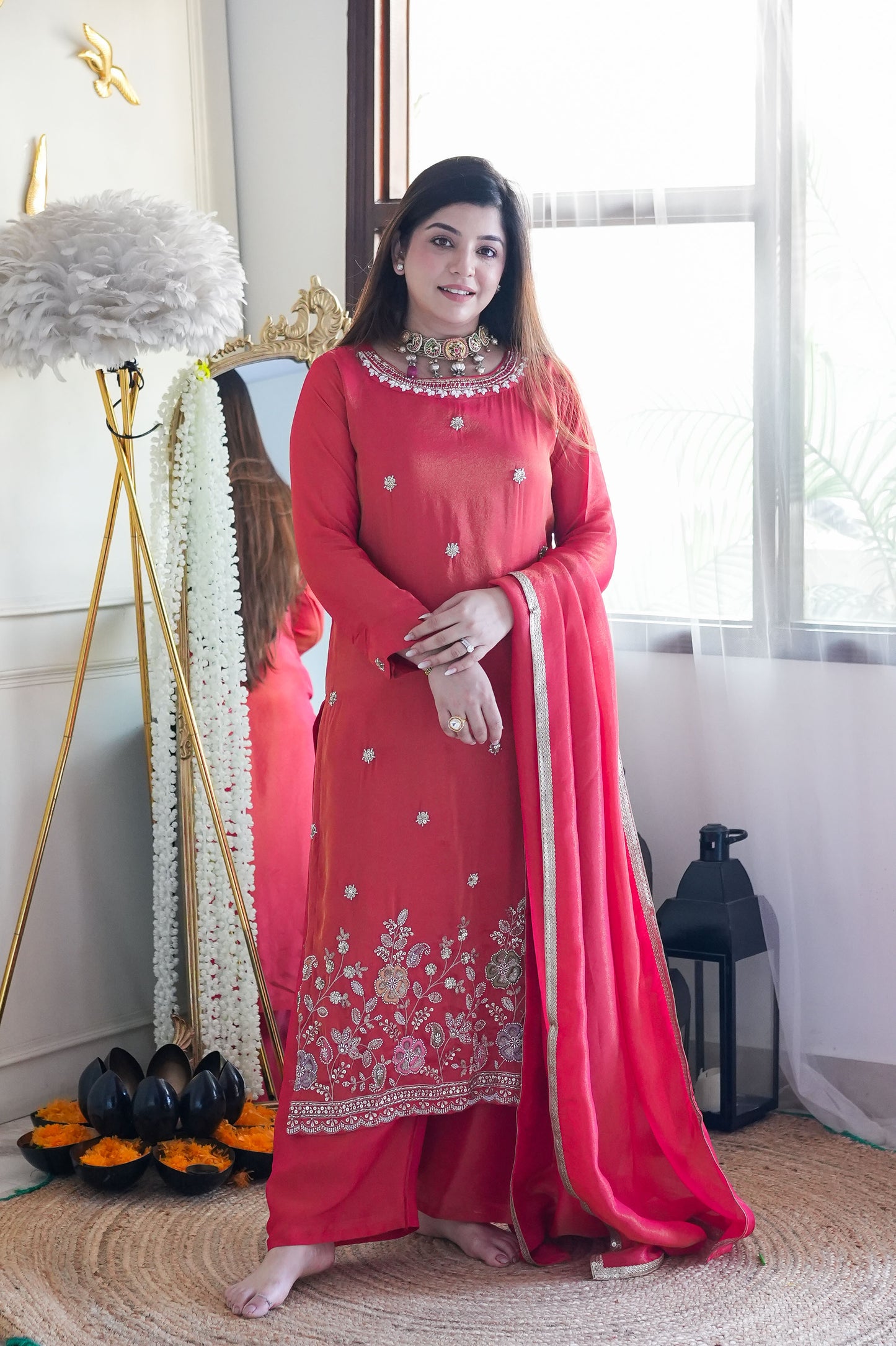 Reena Red Shimmer Tissue Embroidered Suit Set