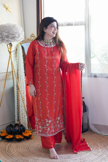 Reena Orange Embroidred Suit Set