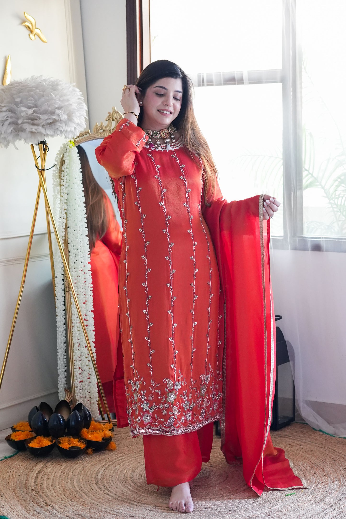 Reena Orange Embroidred Suit Set