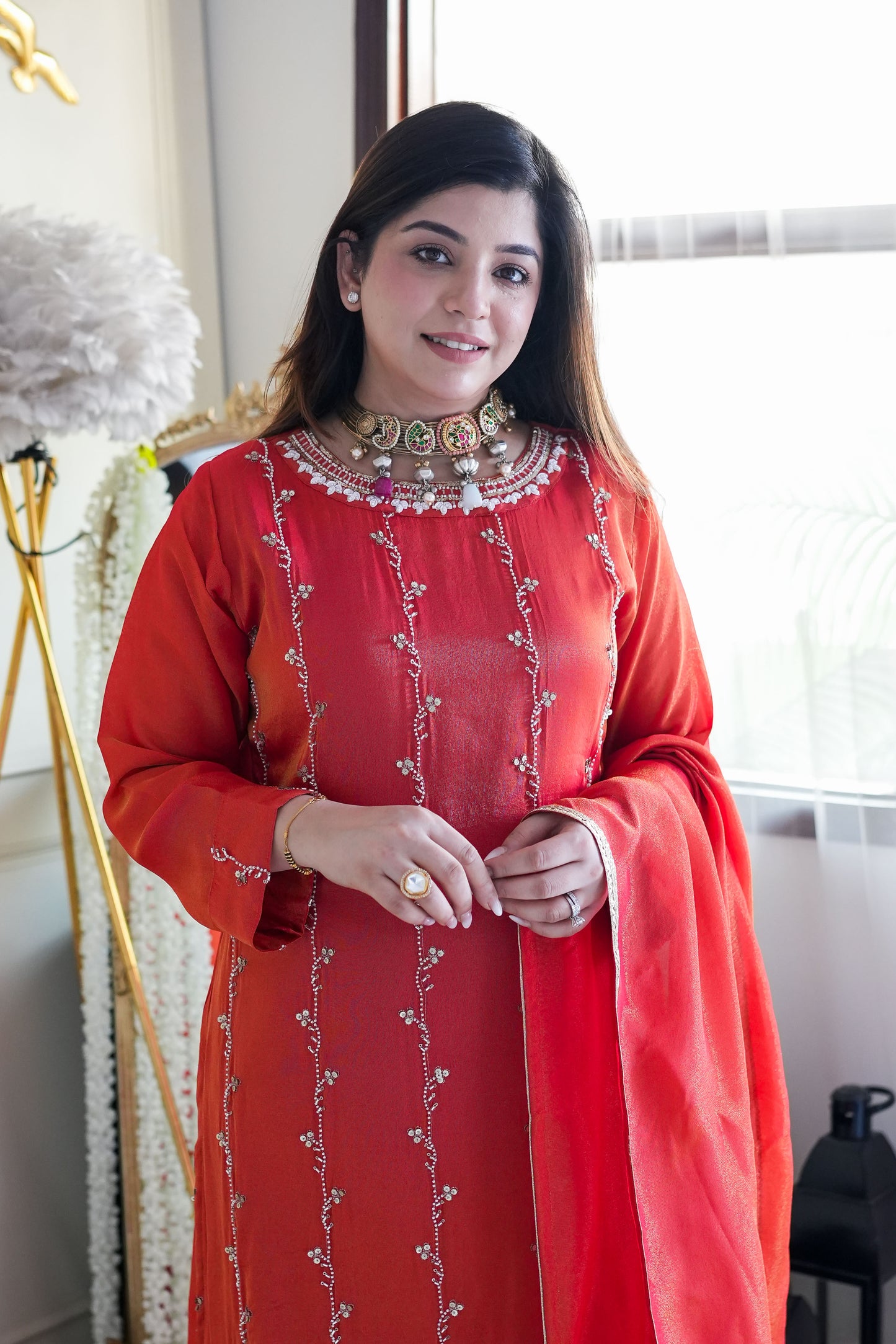 Reena Orange Embroidred Suit Set