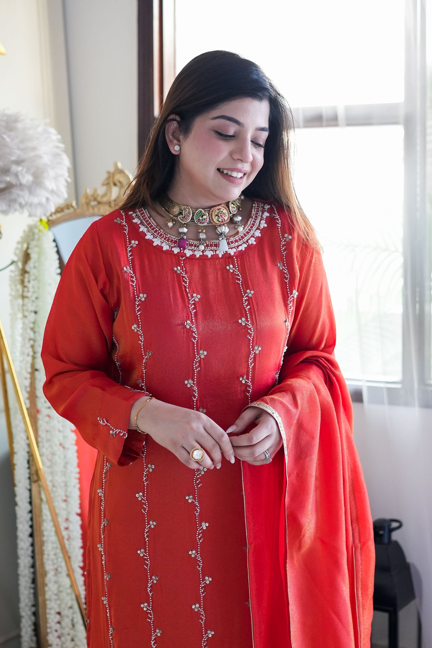 Reena Orange Embroidred Suit Set