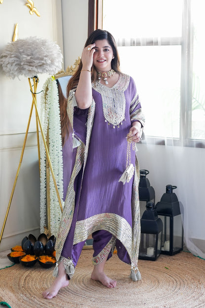 Purple Lace Detailing Kaftan Set