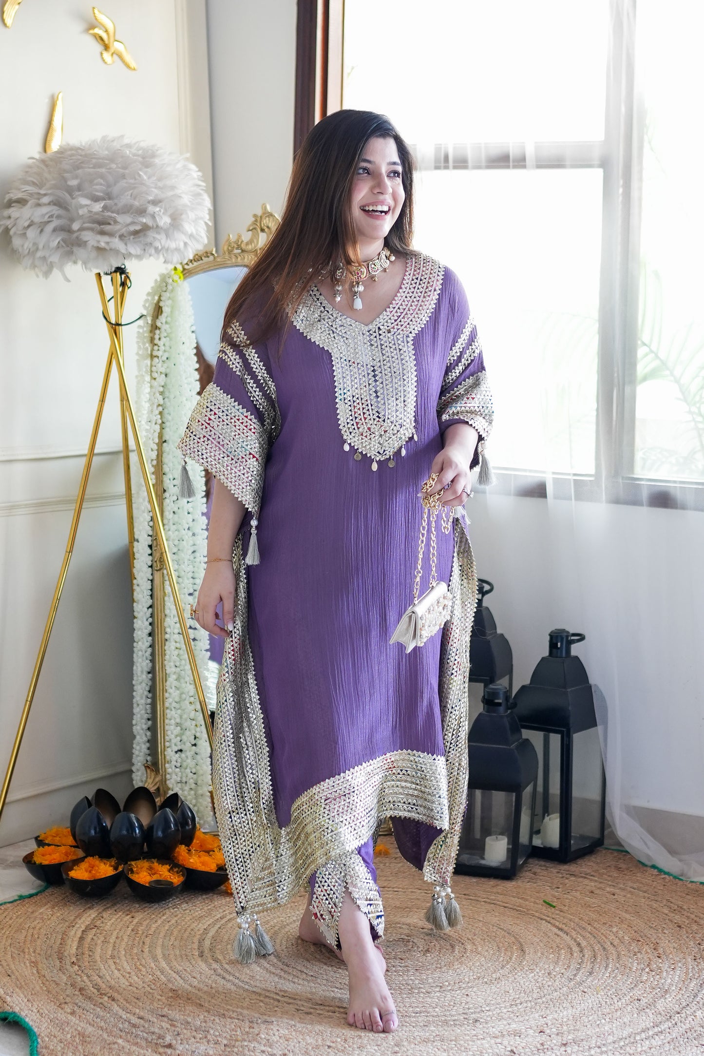 Purple Lace Detailing Kaftan Set