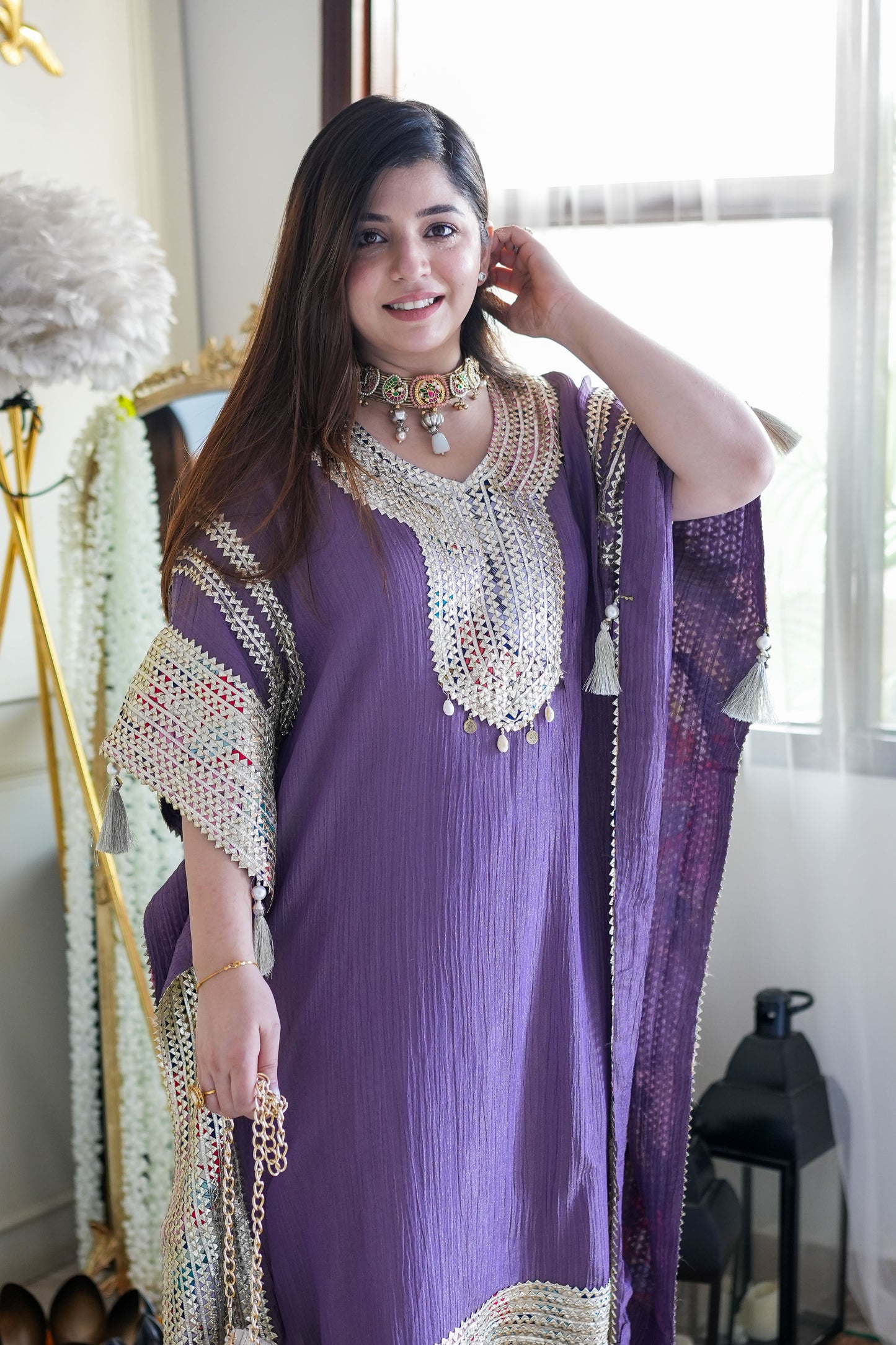 Purple Lace Detailing Kaftan Set