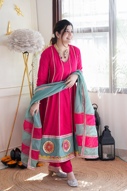 Devi Pink Anarkali Suit With Gotta Detailing