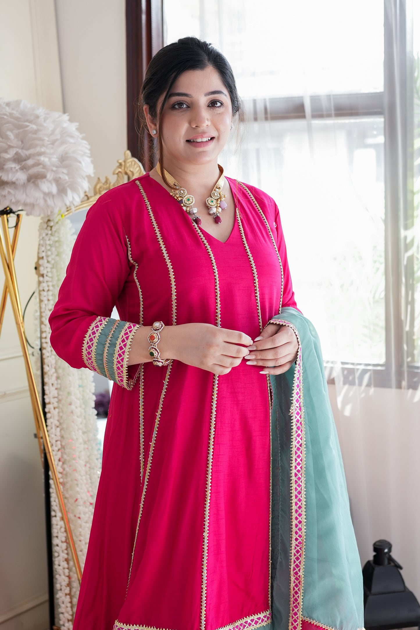 Devi Pink Anarkali Suit With Gotta Detailing