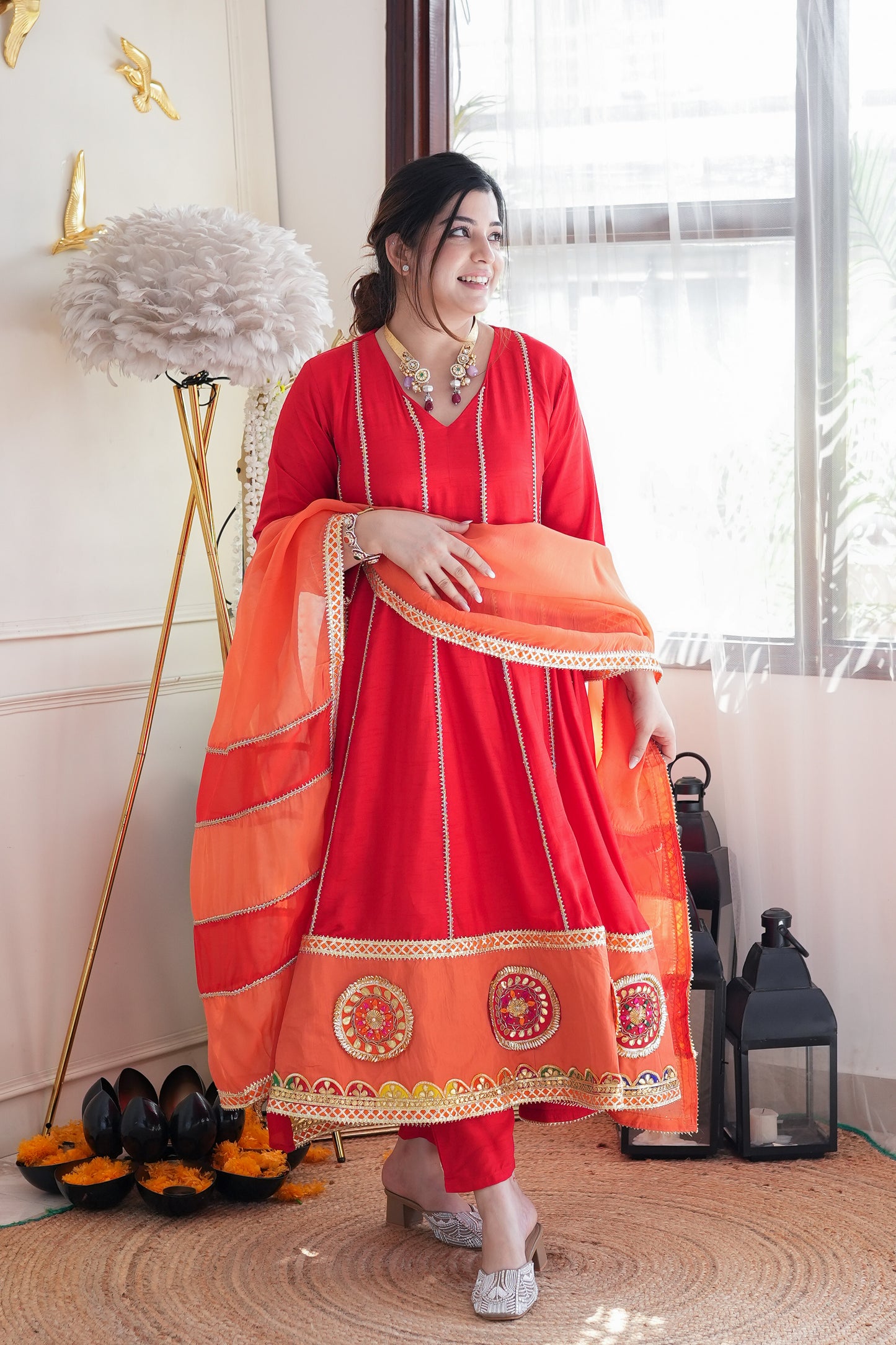 Devi Red Gotta Detailing Anarkali Suit Set