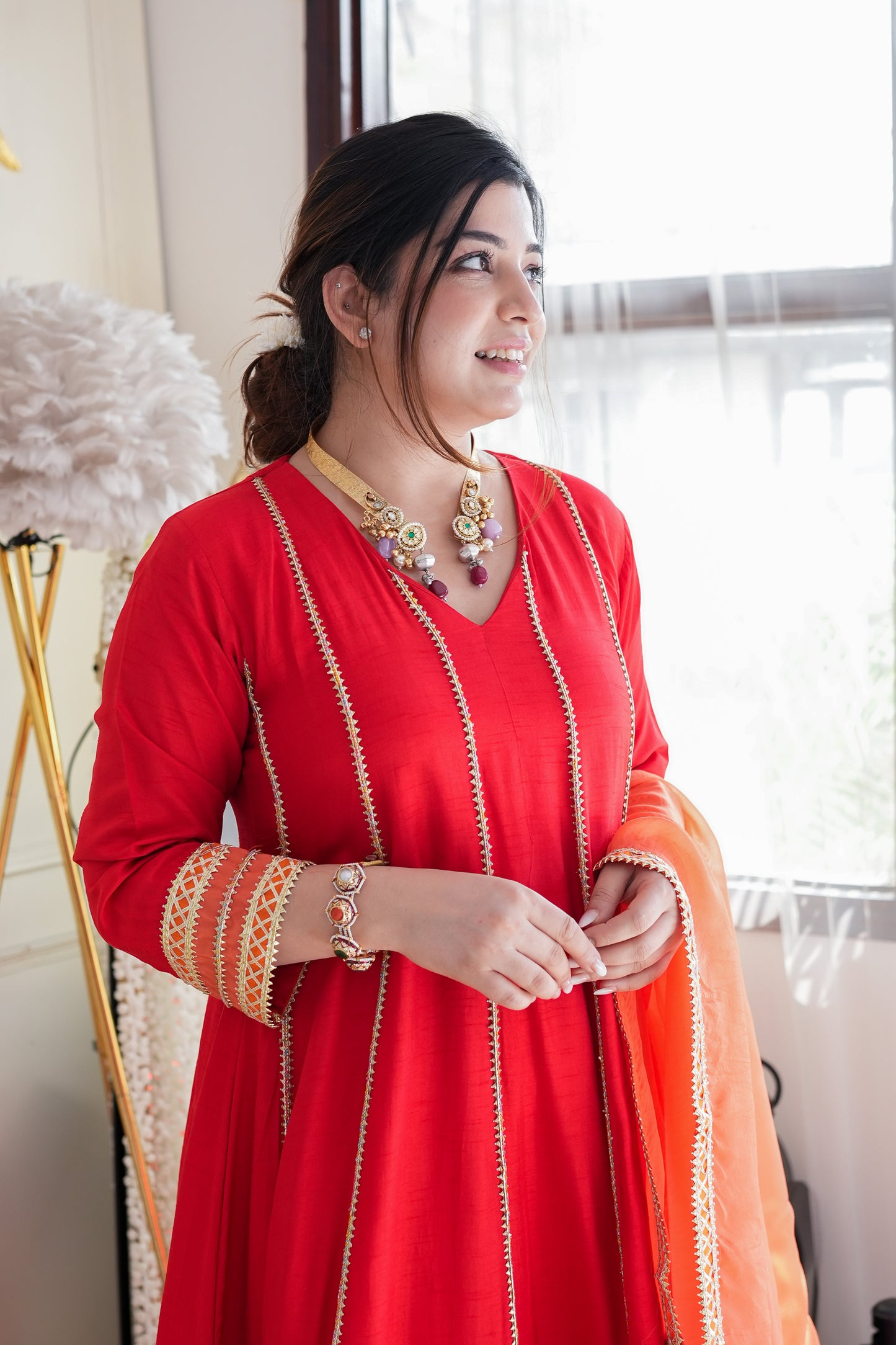 Devi Red Gotta Detailing Anarkali Suit Set