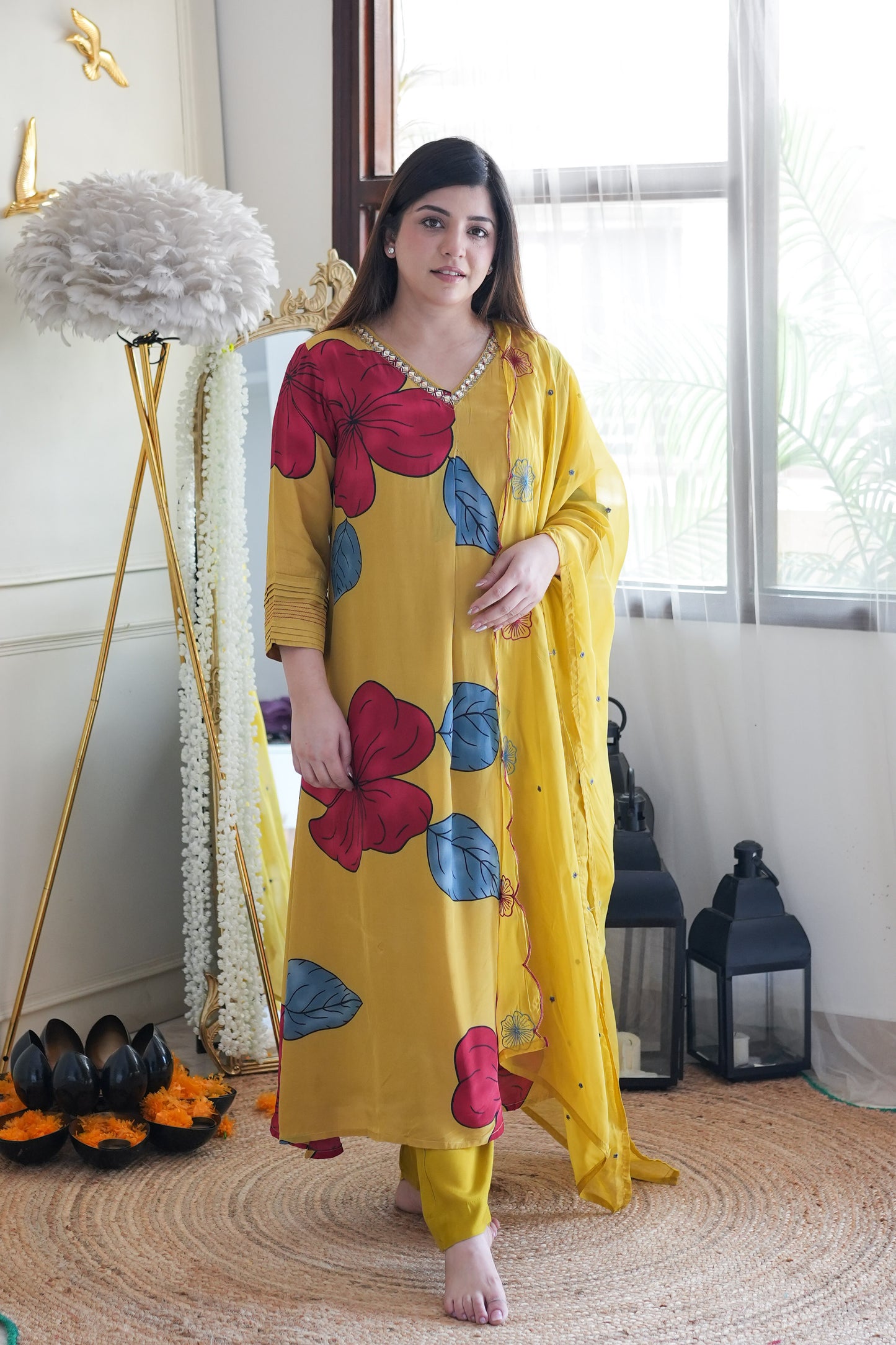 Kalam Yellow Printed A Lines Suit