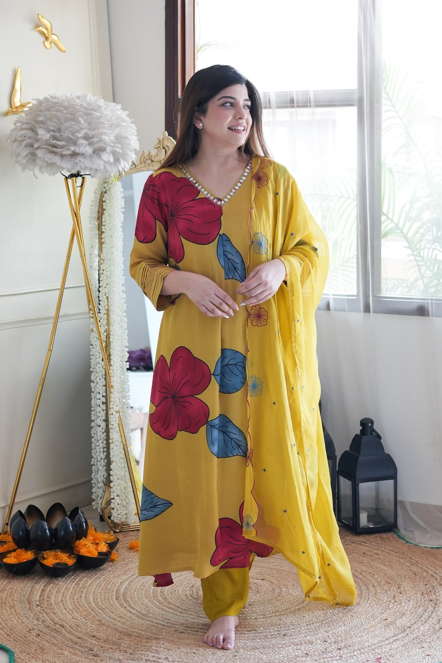 Kalam Yellow Printed A Lines Suit