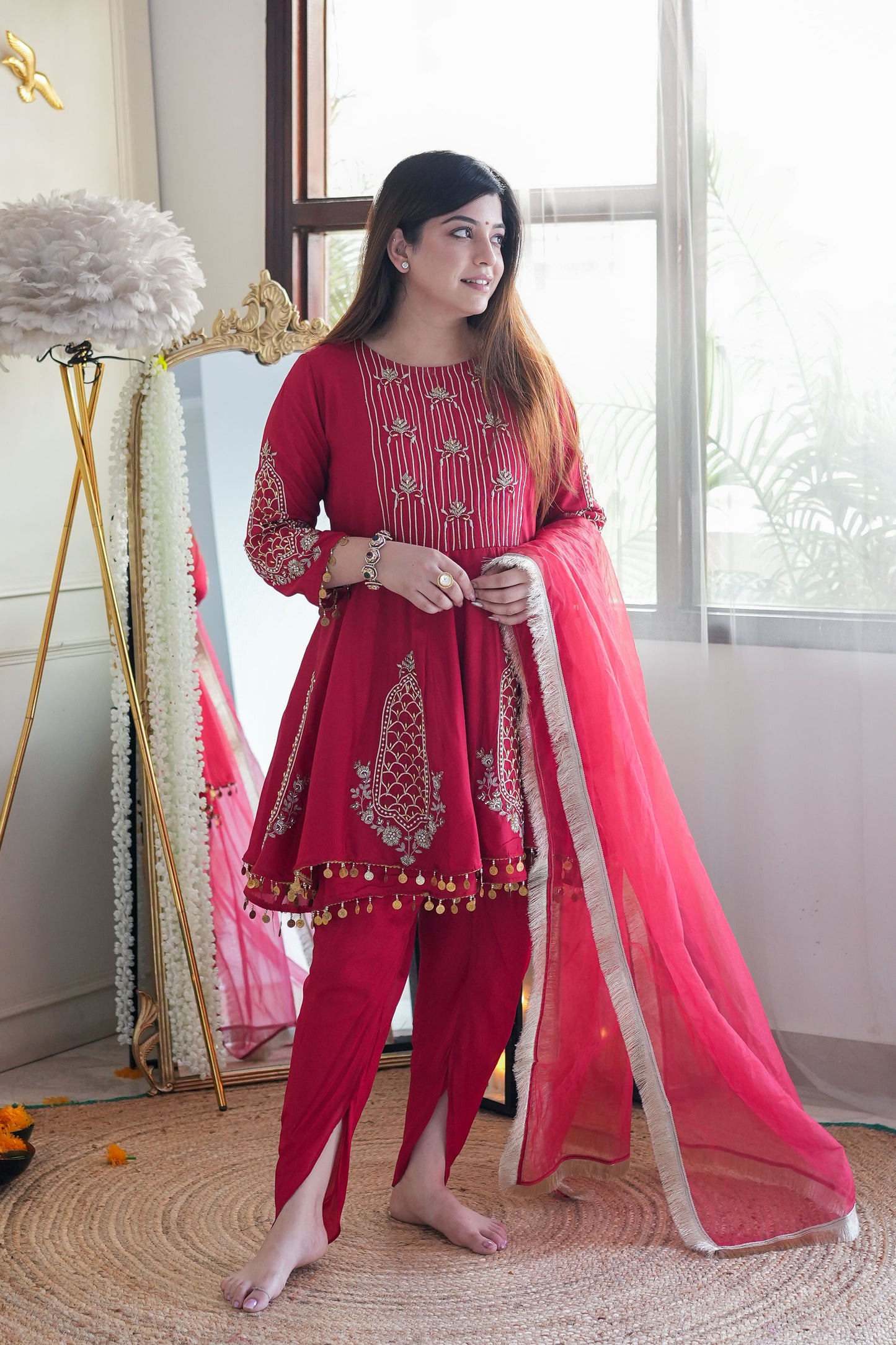 Nari Red Short Anarkali Suit With Dhoti